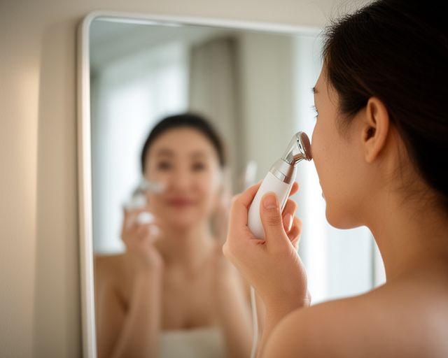 Person nutzt Gesichtstool vor einem grossen Spiegel in einer ruhigen Morgenroutine
