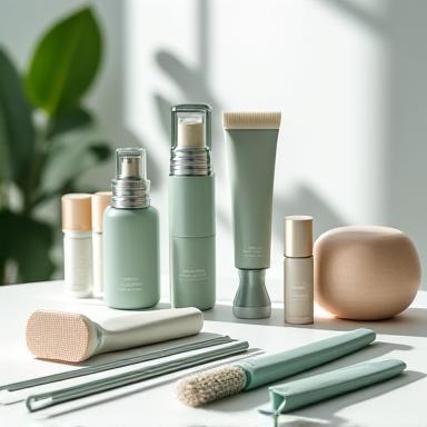 Styling-Instrumente und Skincare-Accessoires auf einem minimalistischen Tisch in Zürich