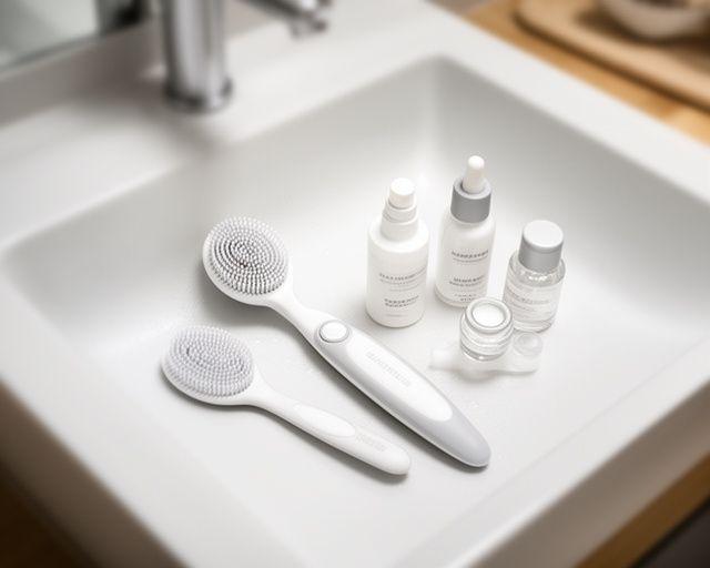 Reinigte Beauty-Tools und Fläschchen auf einem hellen Waschbecken im Badezimmer