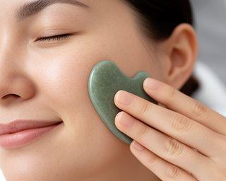 Gua-Sha-Stein wird sanft über die Wange einer entspannten Person in einer Morgenroutine geführt