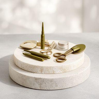 Elegante Beauty-Tools auf hellem Steinpodest mit weichem Tageslicht