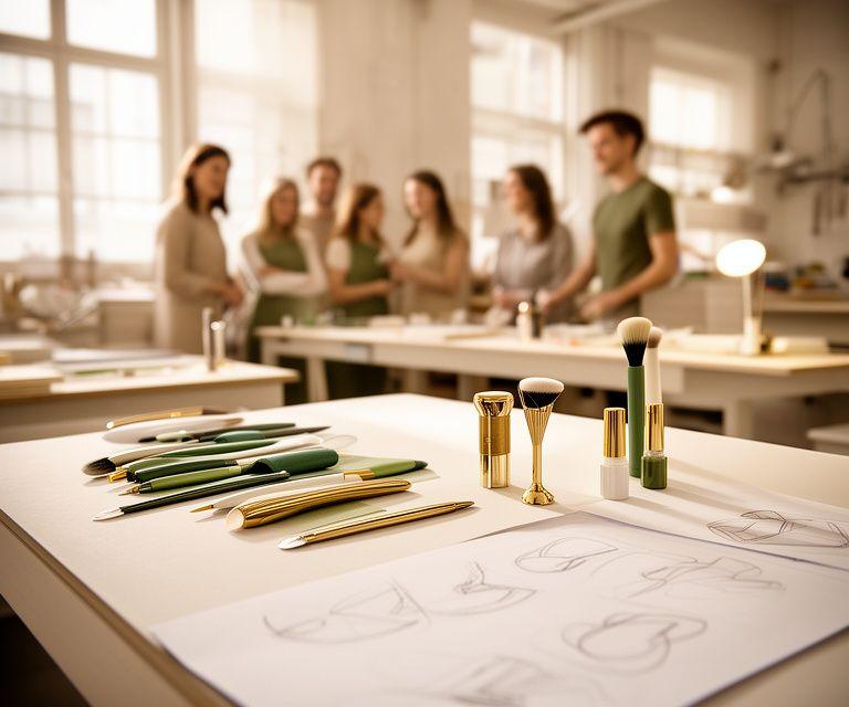 Gründungsteam von ArchLux Beauty vor einer lichtdurchfluteten Zürcher Werkstatt mit Beauty-Tools und Designskizzen
