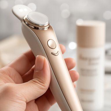 Hand hält ein hochwertiges Beauty-Tool neben neutralen Pflegeprodukten in einer hellen Nahaufnahme